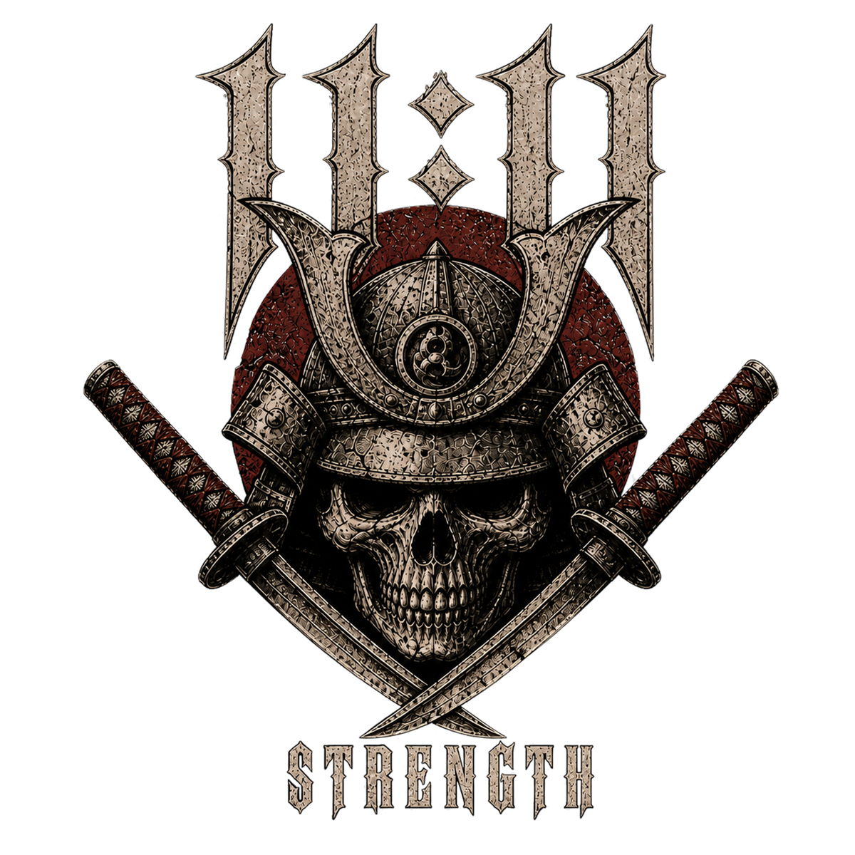 11:11 Strength samurai skull with crossed katana and a red sun